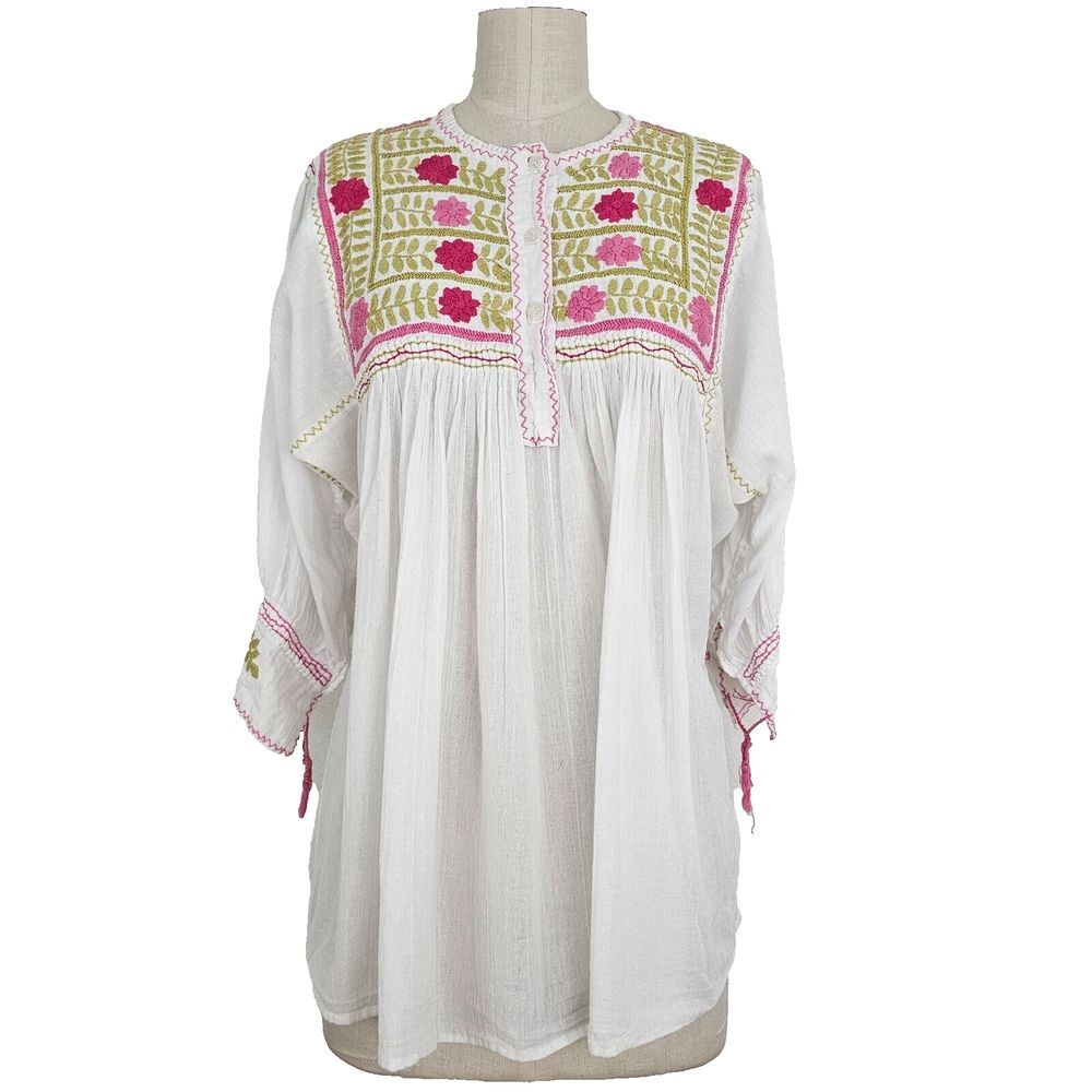Bohemian Unbranded Hand Embroidered Babydoll Top White Floral M/L‎ Peasant